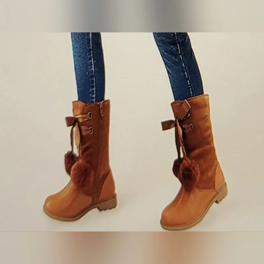 NIB COUTGO BOOTS MIDCALF LUG SOLE  SIDE ZIPPER BOW KNOT POM POM GIRLS SI…
